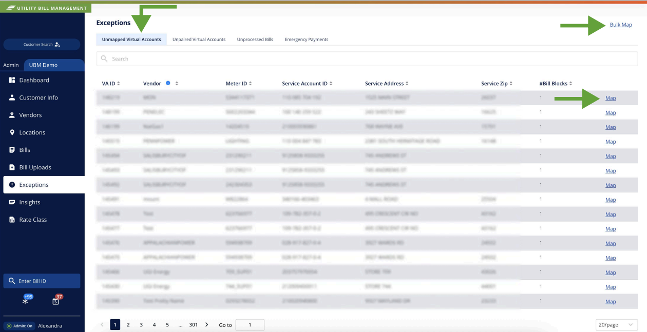 Unmapped Virtual Accounts List