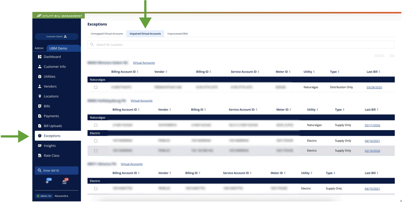Exceptions navigation for Unpaired Virtual Accounts