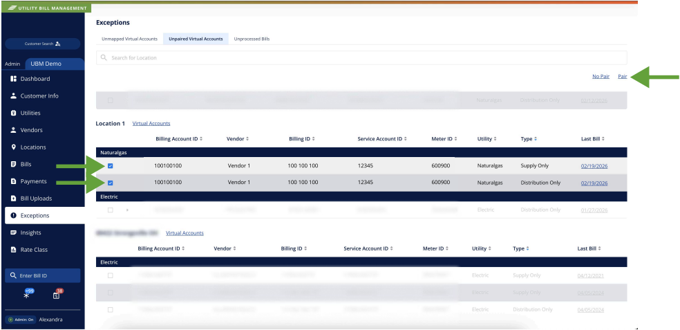 Selecting two Virtual Accounts for Manual Pairing