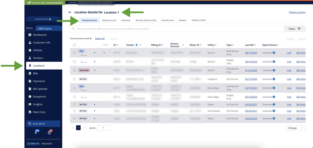Location Virtual Accounts tab for Unpair action