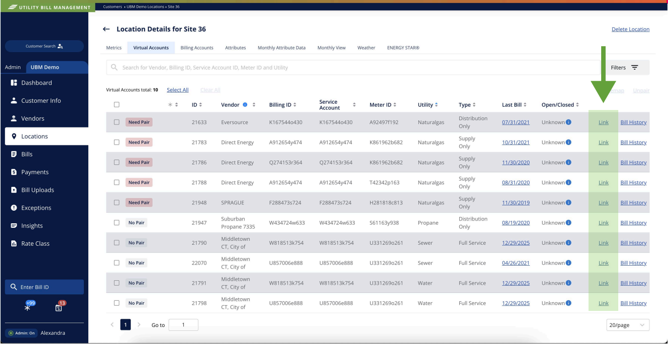 Virtual Accounts table view