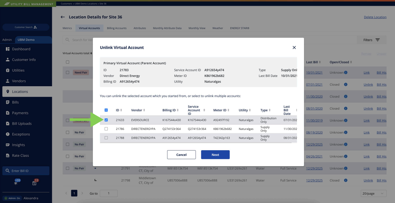 Selecting accounts to unlink