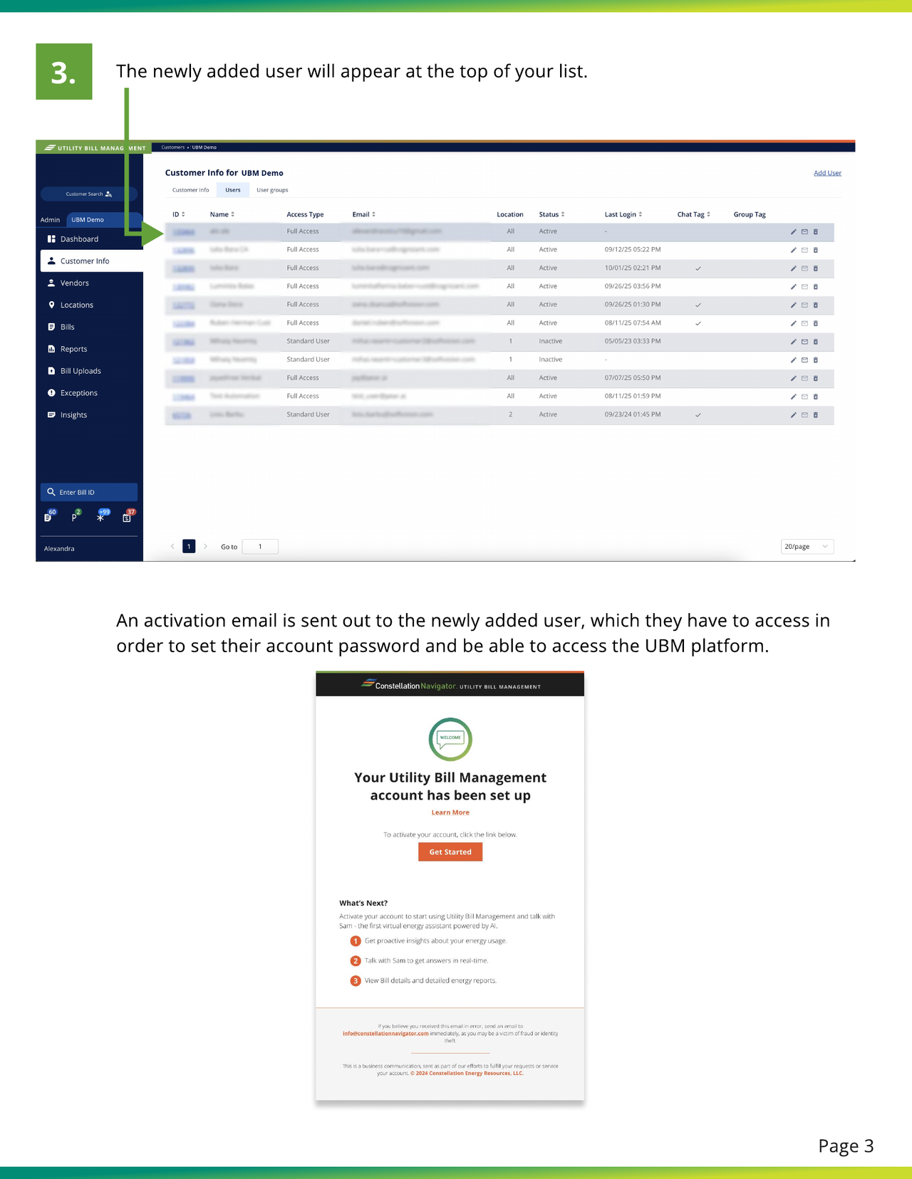 Newly added user appears at the top of the user list and receives the Utility Bill Management activation email.