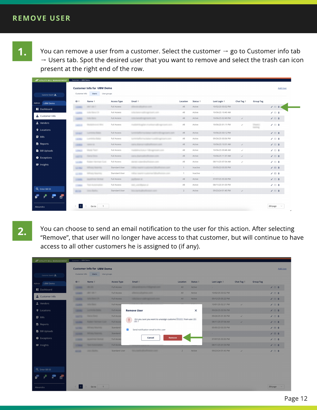 Trash can icon on the customer Users tab and Remove User confirmation window with optional email notification checkbox.