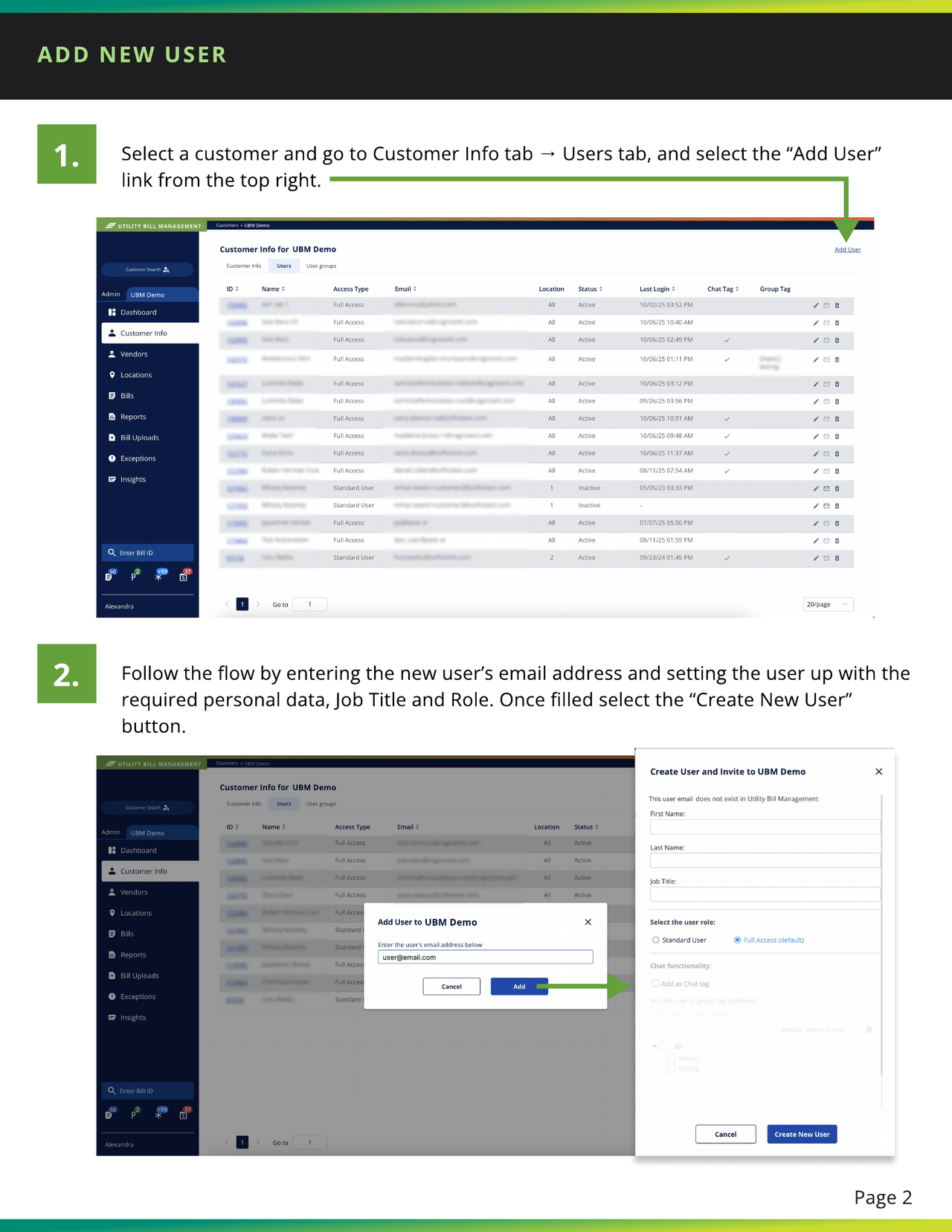 Add User link and Create New User flow in Utility Bill Management.